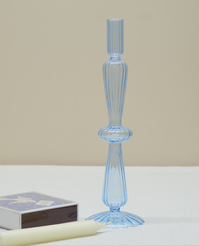 Ivore Lace Taper Blue Glass Candlestick