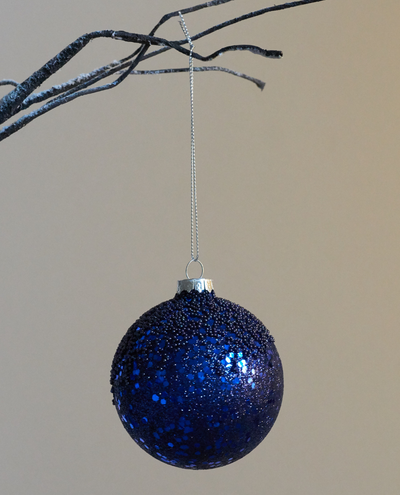 Gisela Graham Navy Beaded Glitter Glass Bauble