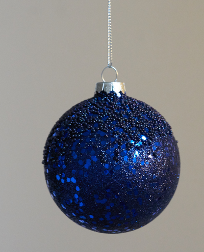 Gisela Graham Navy Beaded Glitter Glass Bauble