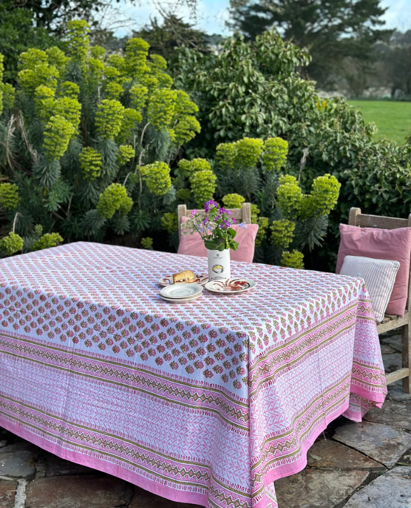 Block Print Candy Pink and Green Table Cloth Large