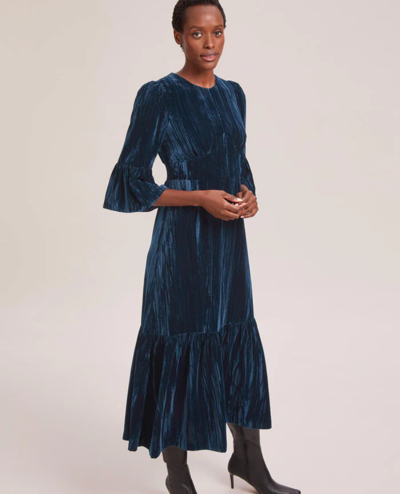 Cefinn Daphne Dark Blue Velvet Midi Dress