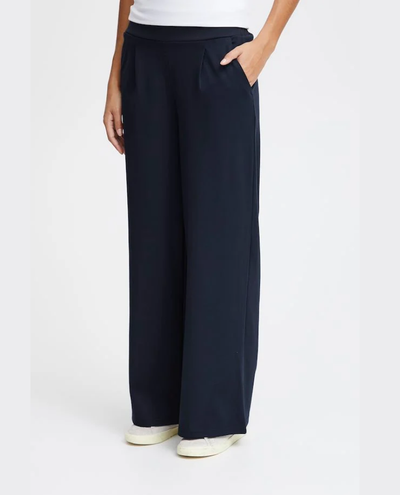 Ichi Kate Navy Long Wide Leg Trousers