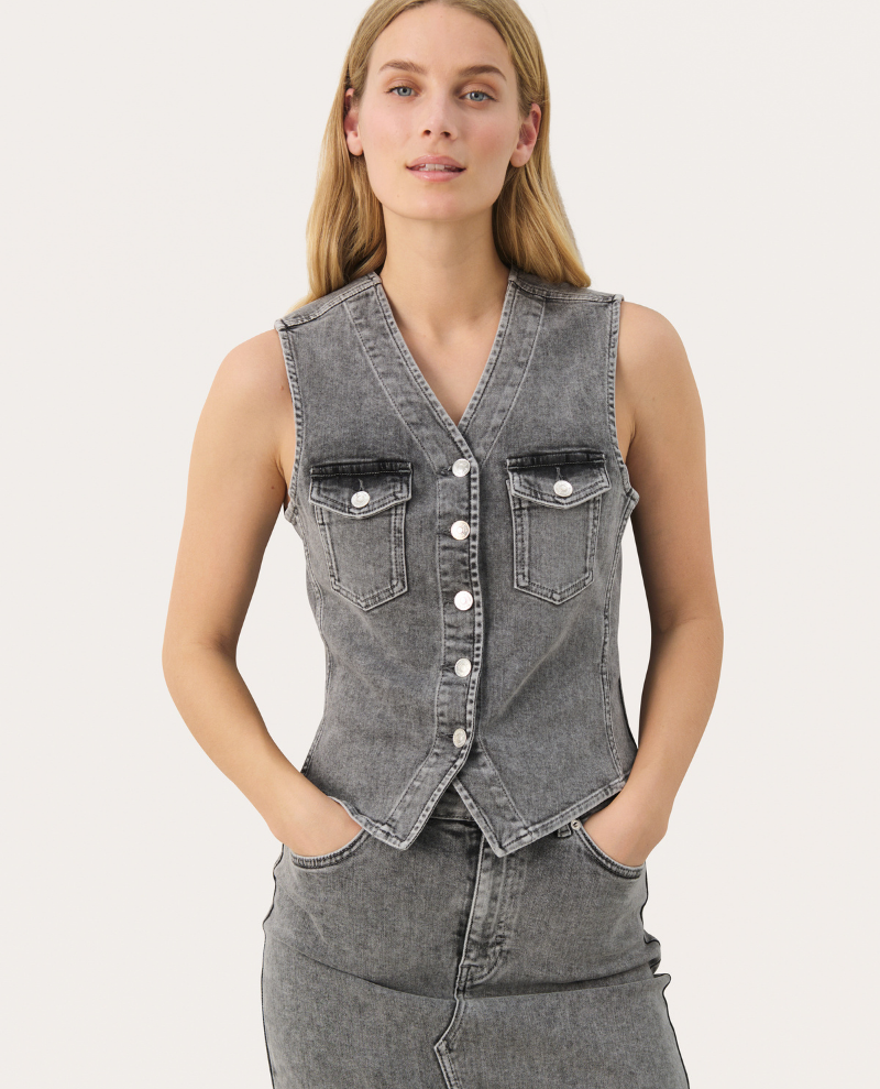 Part Two Janielle Grey Denim Waistcoat Biscuit Clothing Ltd