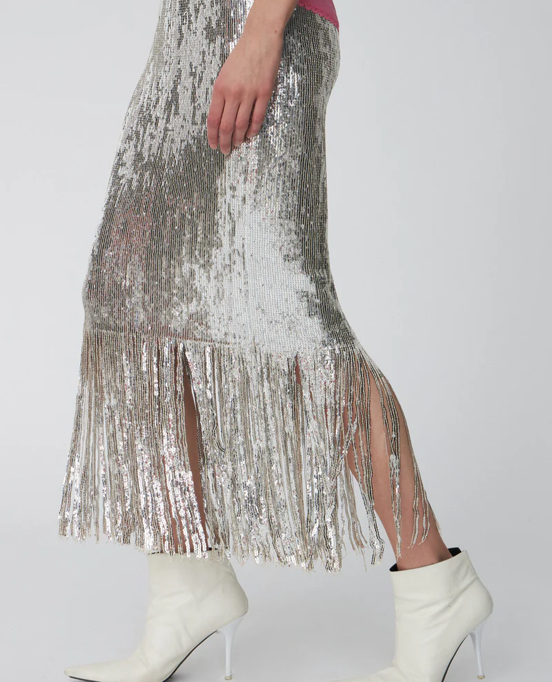 Stella Nova Silver Sequin Fringe Skirt