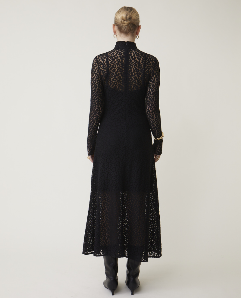 Suncoo Ciara Black Leopard Lace Midi Dress