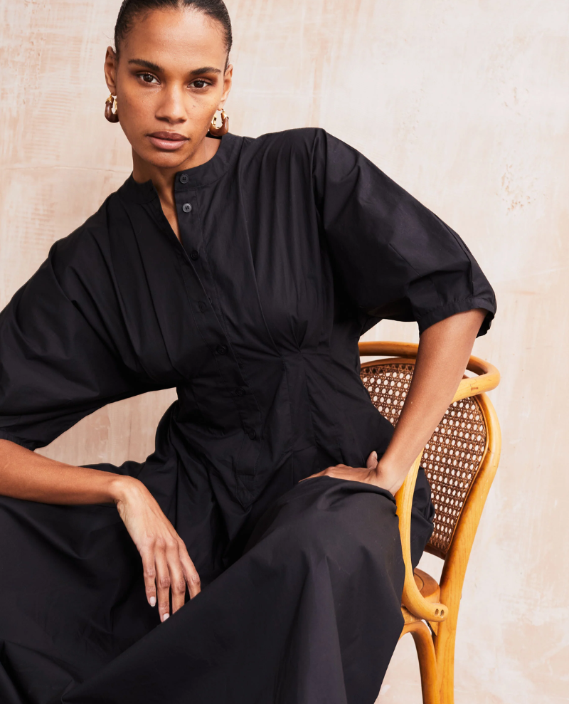 Vivere Nova Black Poplin Shirt Dress