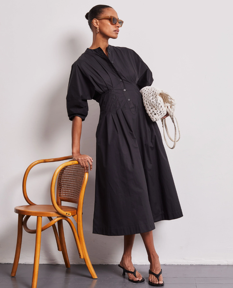 Vivere Nova Black Poplin Shirt Dress