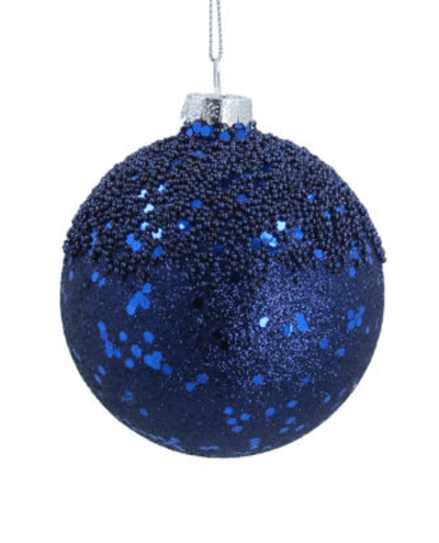 Gisela Graham Navy Beaded Glitter Glass Bauble