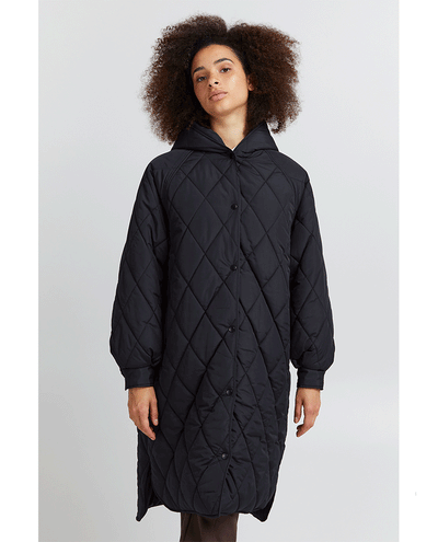 knee length black diamond quilted womens shower resistant coat  