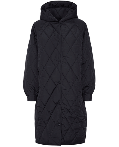 mid length black diamond quilted hooded ladies shower resistant autumn coat with long sleeves 